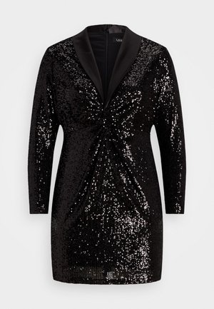 Czarna mini sukienka z długim rękawem i skręcanym frontem, pokryta błyszczącymi czarnymi cekinami, z satynowym kołnierzem szalowym i zamkiem z tyłu.
