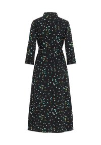 Černé šaty s límečkem, dlouhými rukávy a páskem. Mají barevný, abstraktní květinový vzor. Hladká textura, délka ke kotníkům.