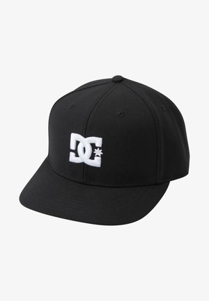 Black baseball cap made of fabric, featuring a white embroidered logo on the front. Curved brim and structured crown with ventilation holes.