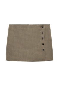 Minihamele houndstooth-kuvioisena beige ja ruskea, suoralinjainen muotoilu ja neljä mustaa nappia oikealla puolella.