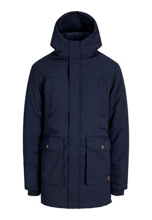 Granatowa ocieplana kurtka z kapturem, dwoma przednimi kieszeniami i ściągaczami na mankietach; charakteryzuje się gładką fakturą i subtelnymi szczegółami przeszyć.