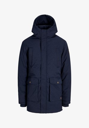 Granatowa ocieplana kurtka z kapturem, dwoma przednimi kieszeniami i ściągaczami na mankietach; charakteryzuje się gładką fakturą i subtelnymi szczegółami przeszyć.