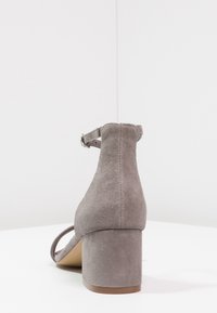 Gray suede ankle strap heel with a block heel design. Features a smooth texture and a rounded back, showcasing a minimalistic style.