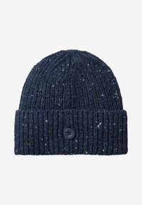 Gorro de punto azul marino con textura acanalada, presenta un puño doblado y un botón decorativo en el frente. Salpicado con motas multicolores.