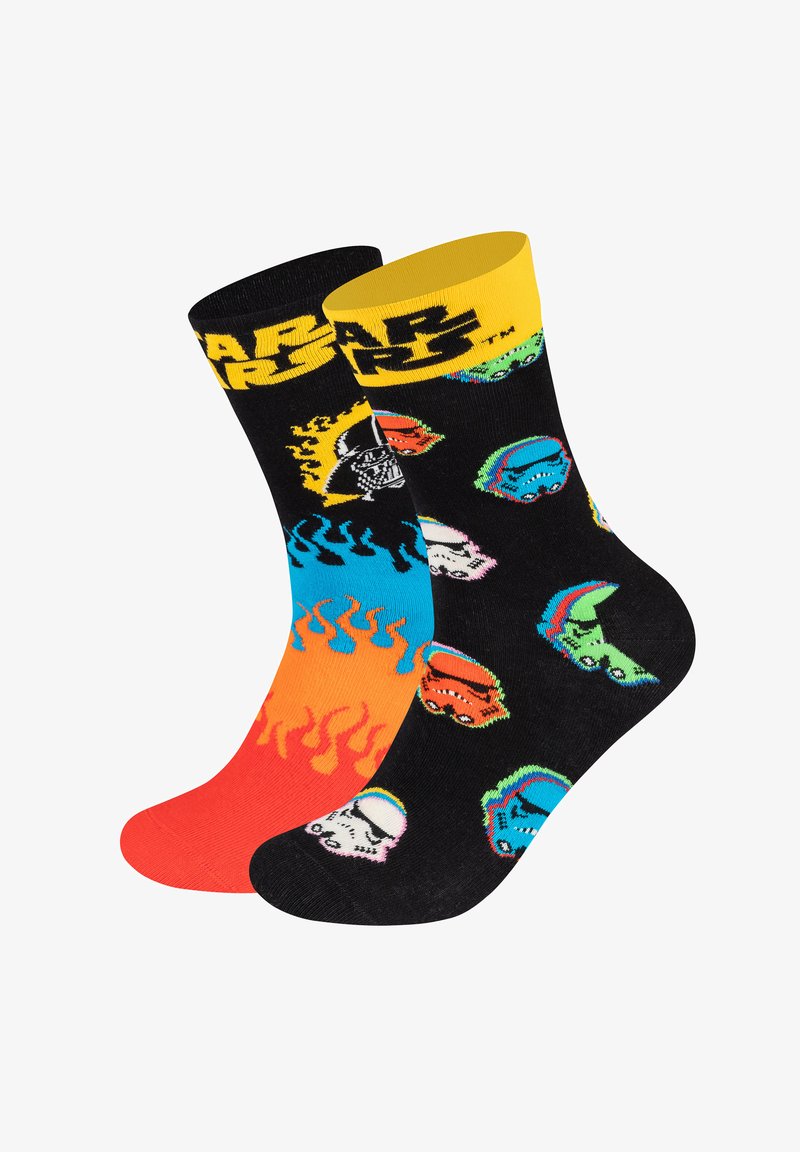 Czarno-pomarańczowe skarpetki z kolorowymi wzorami postaci oraz żółtym logo "Gwiezdne Wojny". Tekstura jest gładka, a wzór wesoły i żywy.