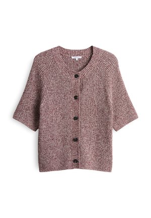 Cardigan lavorato a maglia in una combinazione di bordeaux e crema, con scollatura a V, maniche corte e bottoni neri sul davanti. Design del tessuto testurizzato.