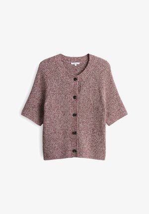 Knitted cardigan in maroon and cream blend, featuring a V-neck, short sleeves, and black buttons down the front. Textured fabric design.