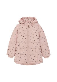 Veste matelassée rose avec capuche, ornée de petits motifs floraux navy, avec une fermeture éclair sur le devant et des poignets côtelés.