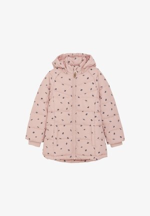 Pink quilted puffer jacket with a hood, featuring small navy floral patterns, a front zipper, and ribbed cuffs.
