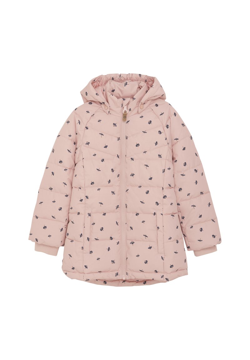 Veste matelassée rose avec capuche, ornée de petits motifs floraux navy, avec une fermeture éclair sur le devant et des poignets côtelés.