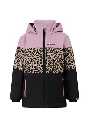 Veste à capuche avec haut rose, milieu imprimé léopard, partie inférieure noire, fermeture éclair frontale et poches latérales zippées. Logo de la marque sur la poitrine et la manche.