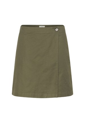 Olijfgroene katoenen rok met een wikkeldesign, voorzien van een zijknopen sluiting en een rechte zoom. Gladde textuur met minimale details.