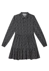 Abito nero con pois bianchi, maniche lunghe, chiusura a bottoni davanti e orlo arricciato. Realizzato in tessuto leggero con una superficie liscia.