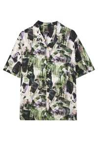 Korte mouwen shirt van lichtgewicht stof met een abstract groen, zwart en paars patroon, met knopen aan de voorkant en een camp collar ontwerp.