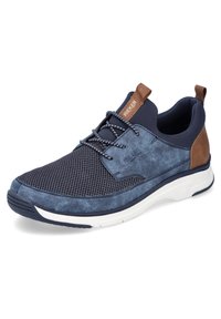Navy blue sneakers made of mesh and synthetic materials, featuring brown leather accents, patterned laces, and a white sole.