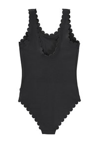 Svart baddräkt med vågformade kanter, breda band, djup rund halsringning och figurnära passform. Tillverkad av mjukt, stretchigt tyg.