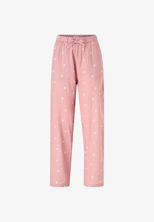 Roze katoenen broek met elastische tailleband en trekkoord, met kleine witte hartjespatronen over de hele broek.