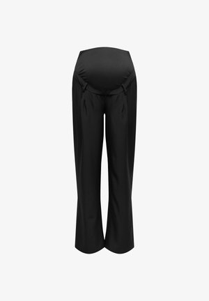 Schwarze Umstandshose mit einem glatten, dehnbaren Stoffbund, geradem Bein, zwei vorderen Falten und ohne sichtbare Verschlüsse oder Taschen.