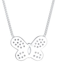 Sølv sommerfuglepandent halskæde med udskåret design, prydet med rhinestone accenter, hængende fra en tykk kæde med en struktureret overflade.