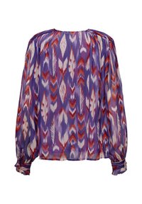 Blouse à manches longues en tissu léger et transparent, ornée d'un motif abstrait multicolore dans des teintes de violet, rouge et crème. Encolure et poignets froncés.