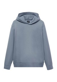 Light blue hoodie made of soft fabric, featuring a wide neckline, long sleeves, and a relaxed fit with ribbed cuffs and hem.