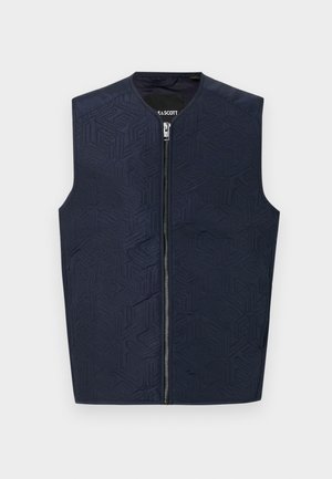 Navy vest with intricate geometric pattern, featuring a high collar and front zipper. Made from a textured fabric, lightweight and sleeveless.