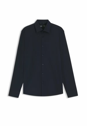 Chemise à manches longues bleu marine foncé en tissu texturé, avec un col classique, des boutons à l'avant et une base droite avec des poignets à boutons.
