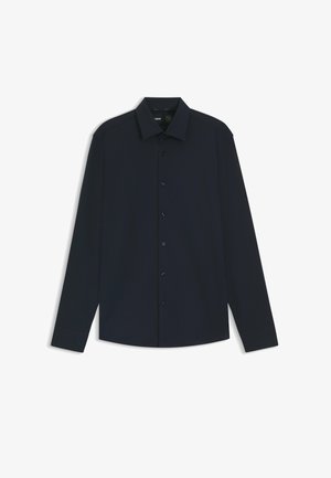 Chemise à manches longues bleu marine foncé en tissu texturé, avec un col classique, des boutons à l'avant et une base droite avec des poignets à boutons.