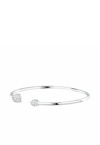Braccialetto in argento con due estremità decorate da elementi circolari incastonati con piccoli diamanti trasparenti, texture liscia e design aperto elegante.