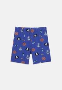 Shorts di cotone blu con stampa a tema pirata, caratterizzati da ancore, teschi e ruote di navi in vari colori. Vita elastica.