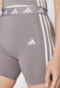 Shorts atletici gri cu dungi verticale albe și un logo alb. Țesătura pare netedă, având o talie verde contrastantă.