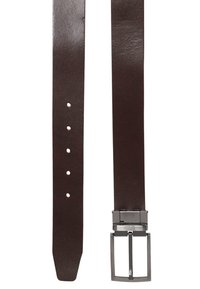 Brown leather belt with a smooth texture, featuring five holes and a rectangular metal buckle in silver-tone finish.
