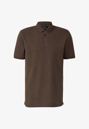 Braunes kurzärmeliges Poloshirt mit Kragen und dreiknöpfiger Blende, aus glattem Stoff, auf weißem Hintergrund dargestellt.