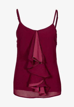 Top sin mangas color burdeos con un diseño de volantes en capas en la parte delantera, hecho de tela suave y con tirantes finos ajustables.