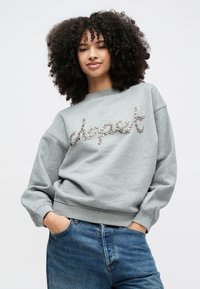 Pelēks kokvilnas džemperis ar apaļu kakla izgriezumu, centrā izvietotu dekoratīvu tekstu no sudraba rotājumiem. Brīvs piegriezums, elastīgi aproces.