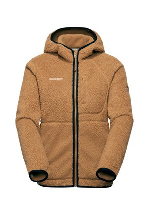 Giacca in pile marrone con cappuccio, chiusura frontale con zip e taschino sul petto con zip. Presenta un tessuto testurizzato e rifiniture scure a contrasto lungo i bordi.