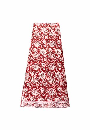 Falda de tela roja con un patrón floral blanco, con un diseño fluido y detalles en el dobladillo. Fabricada con material ligero y un acabado texturizado.
