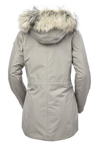 Light gray waterproof parka with a faux fur-lined hood, elastic cuffs, and a cinched waist, featuring a smooth, matte finish.