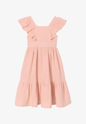 Hellrosa ärmelloses Kleid mit gerafften Trägern, einem quadratischen Ausschnitt und einem gesammelten, mehrstufigen Rock.