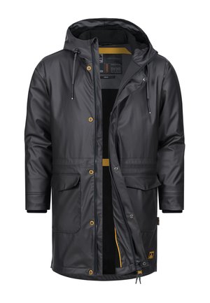 Wasserdichte schwarze Parka mit Kapuze, mit gelben Akzenten, mehreren Fronttaschen und einem Reißverschluss. Glattes Material mit strukturierter Oberfläche.