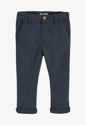 Chinos de algodón azul marino con un diseño de pierna recta, bolsillos frontales, cierre de botón en la cintura y puños doblados para longitud ajustable.