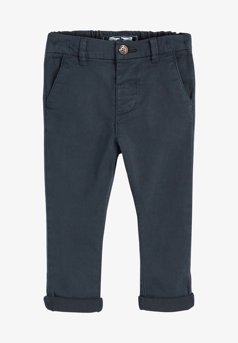 Navy blauwe katoenen chino's met een rechte pijpdesign, voorkruiszakken, een knoopsluiting aan de taille en opgerolde manchetten voor verstelbare lengte.