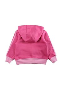 Sweat à capuche rose avec poignets et ourlet côtelés. Présente des accents rose plus clair sur les manches et la capuche. Tissu doux et texturé.