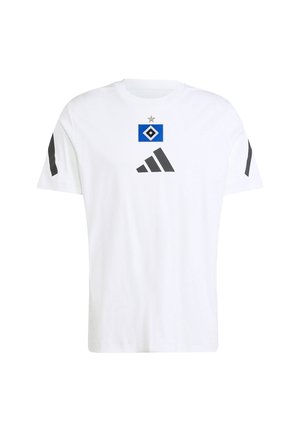 Hvid t-shirt med korte ærmer med en blå og sort diamantlogo og en stjerne over den på brystet samt sorte skrå striber på begge ærmer.