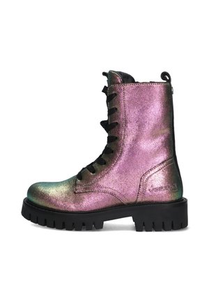 Veterschoenen in iriserend paars en groen synthetisch materiaal met een chunky zwart profiel en een gestructureerde afwerking.