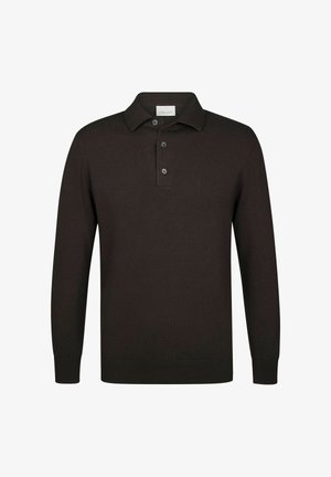 Dunkelbraunes Langarm-Poloshirt mit drei Knöpfen sowie gerippten Bündchen und Saum, präsentiert vor einfachem weißem Hintergrund.