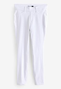 Vita denimleggings med en slät yta, figurnära design och klassisk femficksstil. Har en medelhög midja och ren fåll.