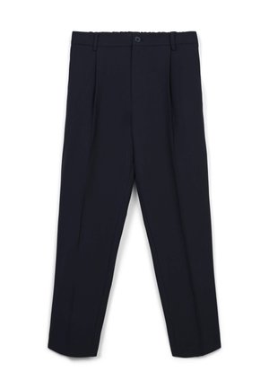 Pantalons navy avec une texture lisse, devant plissé, fermeture à bouton et design fuselé, avec poches de chaque côté.