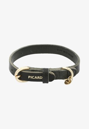 Black leather bracelet with a gold metal buckle. Features a textured finish and embossed logo. Inner side marked "MADE IN GERMANY."