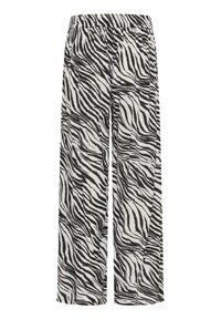 Pantaloni a palazzo con stampa zebra bianco e nero, dotati di un elastico in vita e una texture morbida, caratterizzati da un tessuto fluido per il massimo comfort.